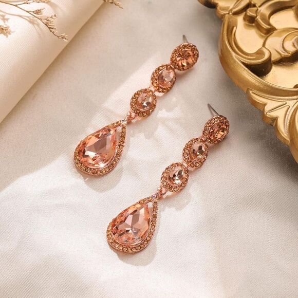 Rose Gold with Peach Morganite Crystal Teardrop Halo Chandelier Post Earrings - Picture 2 of 6